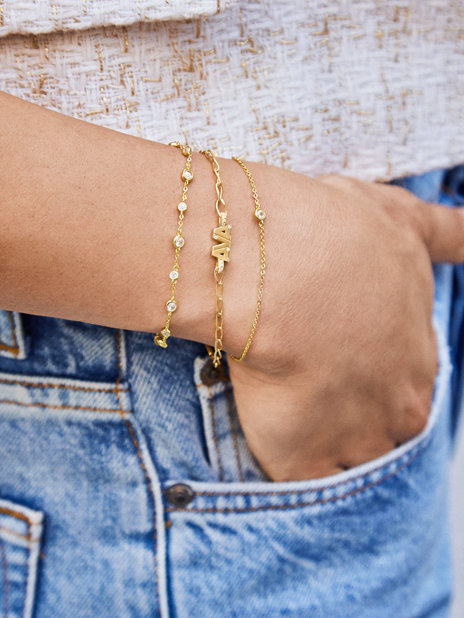 Mini 18K Gold Custom Initial Bracelet - Gold/Pav?? - Image 2