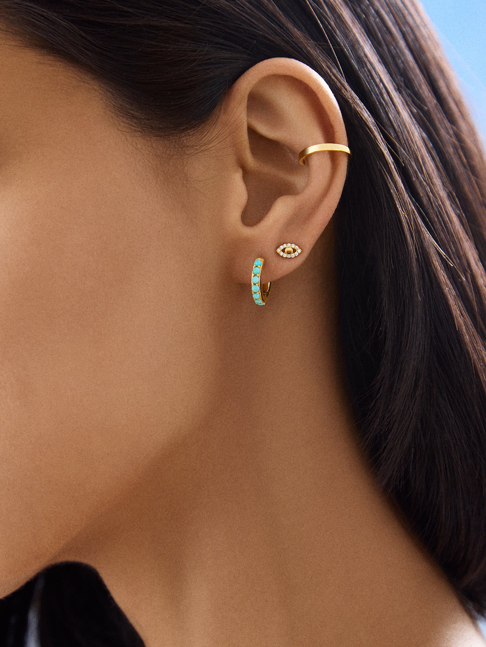 18K Gold Semi-Precious Huggie Earrings - Turquoise - Image 2
