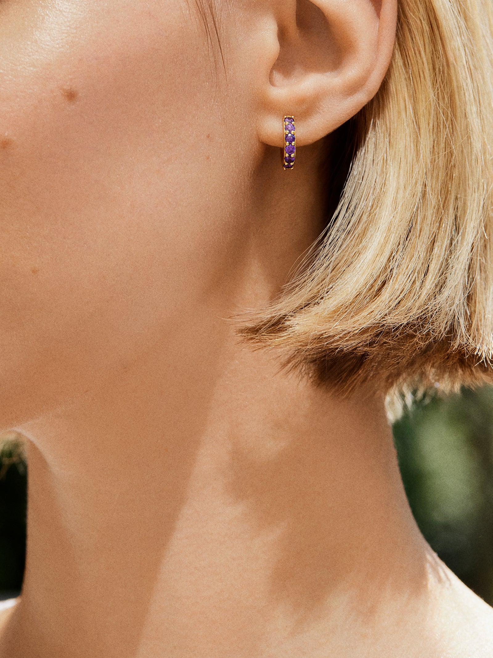 18K Gold Birthstone Huggie Earrings - Aquamarine - Image 2