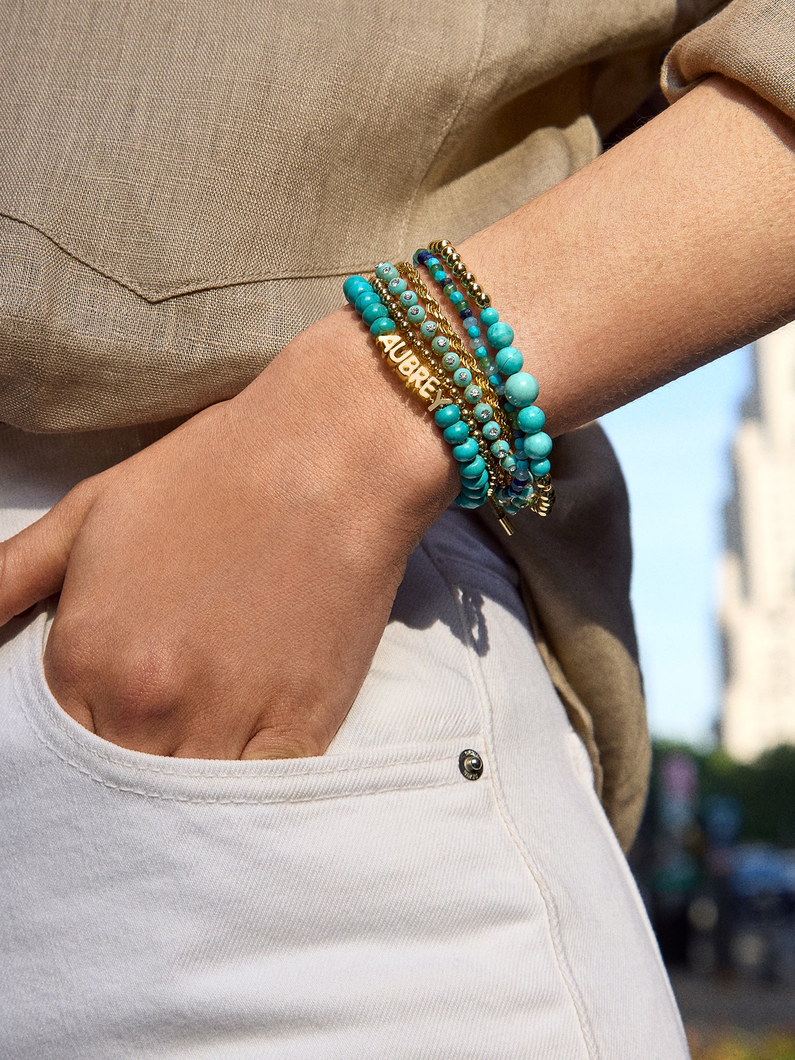 Turquoise Custom Nameplate Bracelet - Gold/Turquoise - Image 3