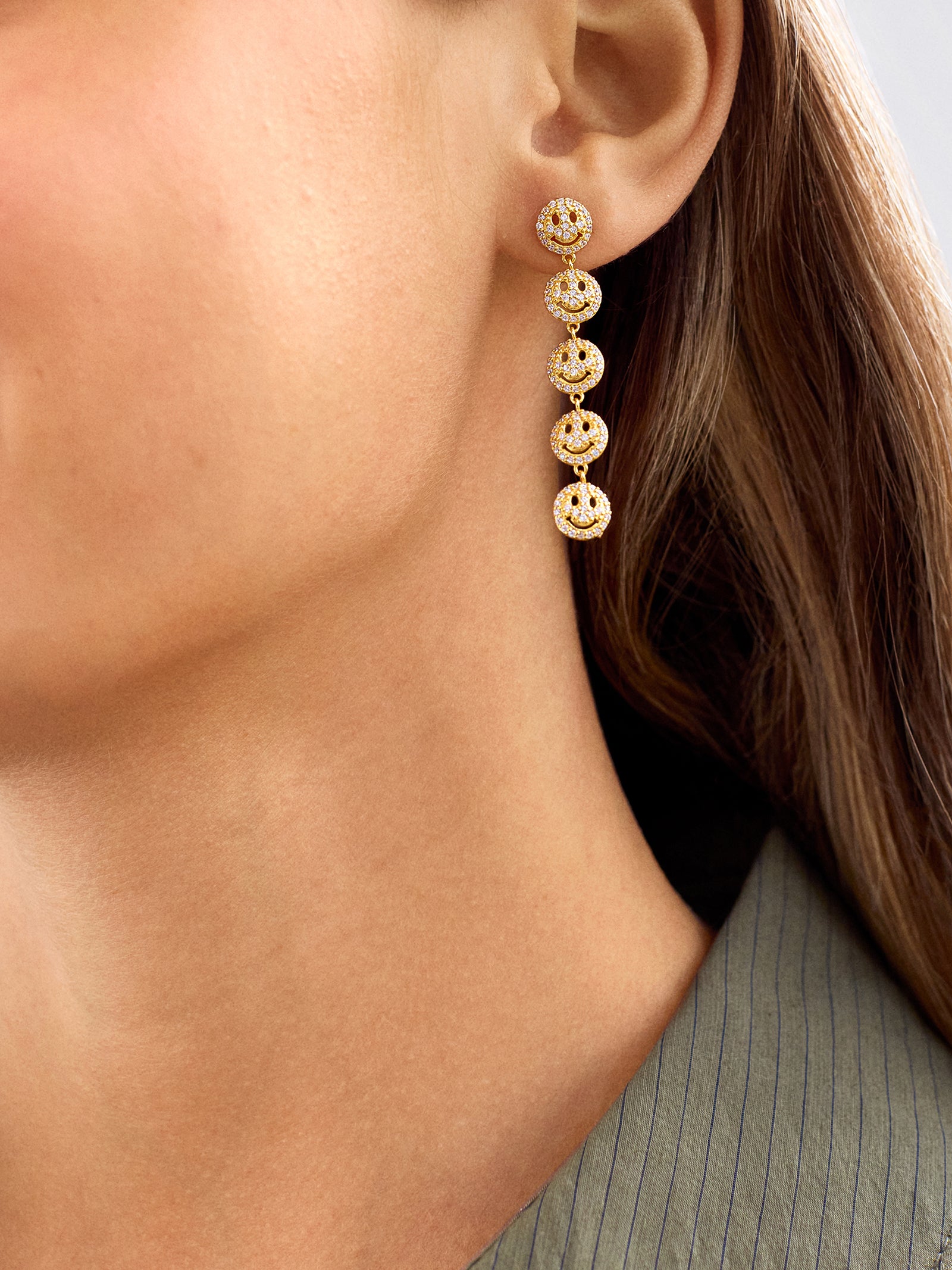 18K Gold Smiley Face Drop Earrings - Smiley - Image 2