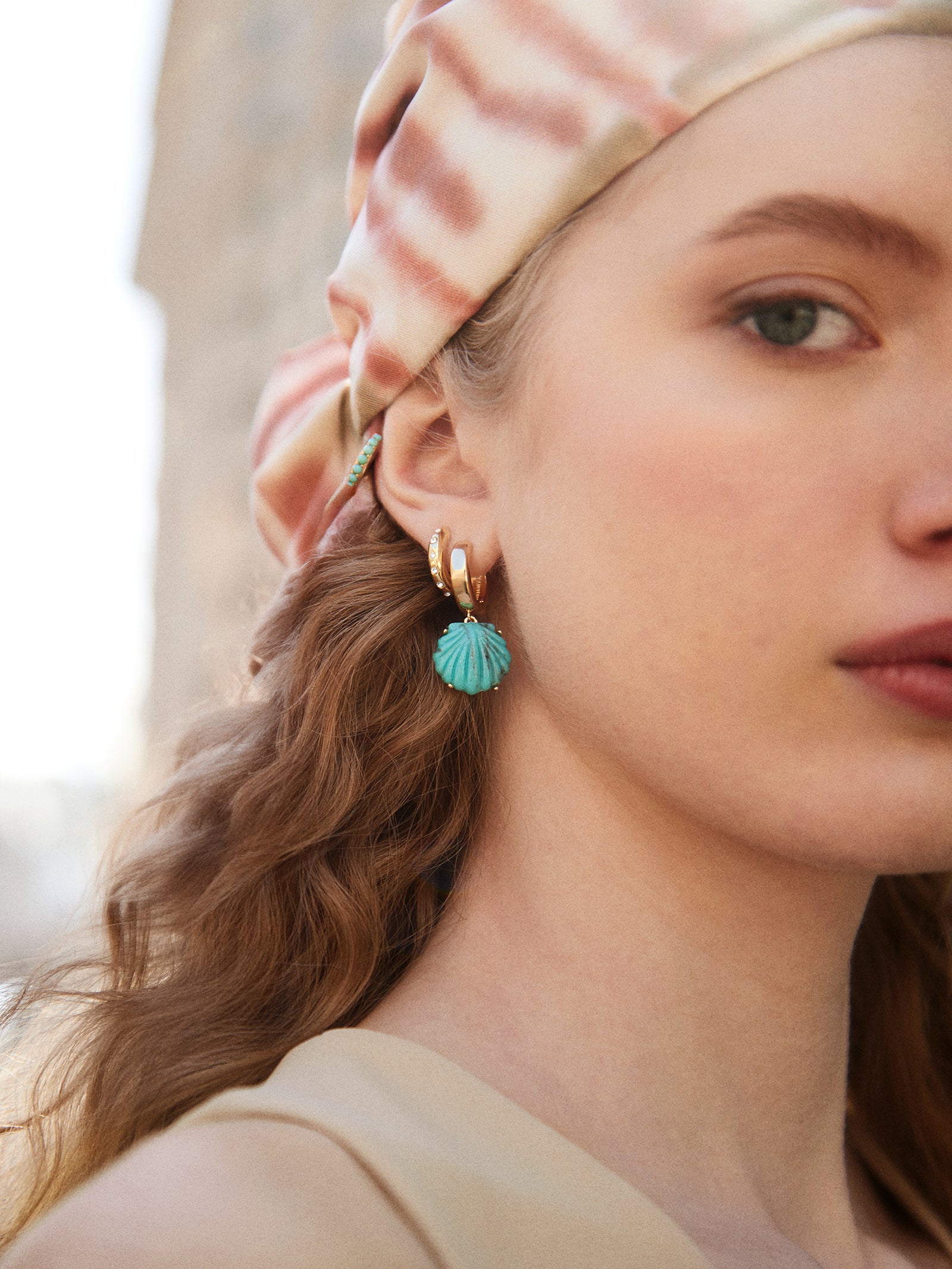 Genevieve Seashell Earrings - Gold/Turquoise - Image 2