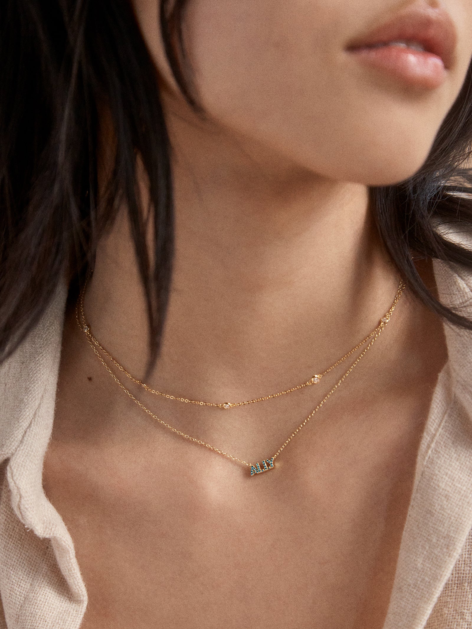 18K Gold Birthstone Custom Nameplate Necklace - Blue Zircon - Image 2