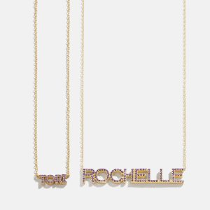 18K Gold Birthstone Custom Nameplate Necklace - Amethyst